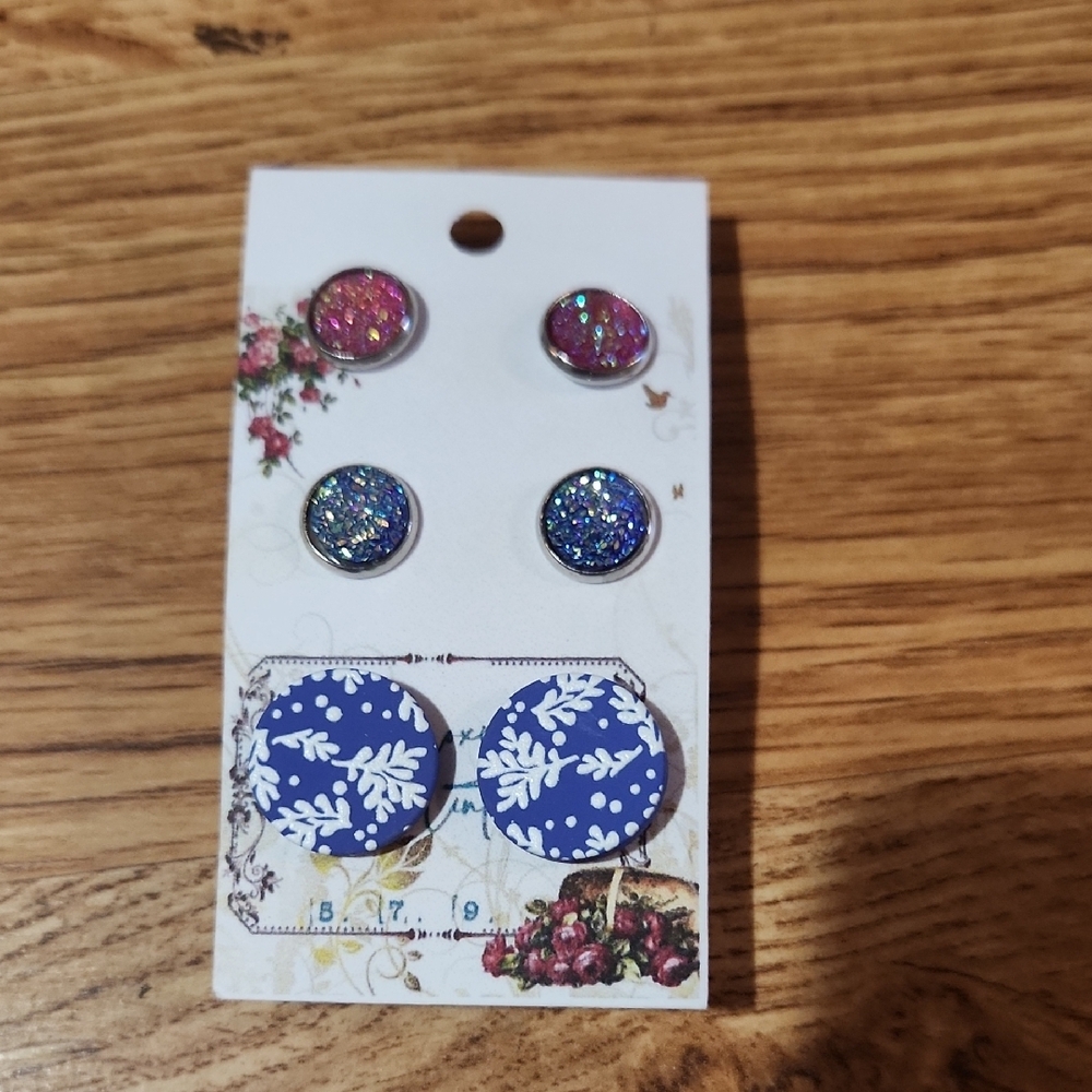 Glittery Pink and Blue Kids Earrings Set
